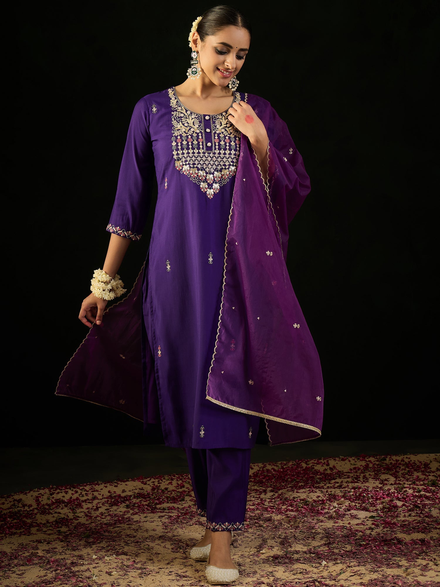 Indo Era Purple Embroidered Straight Kurta Trousers With Dupatta Set | Grocsy