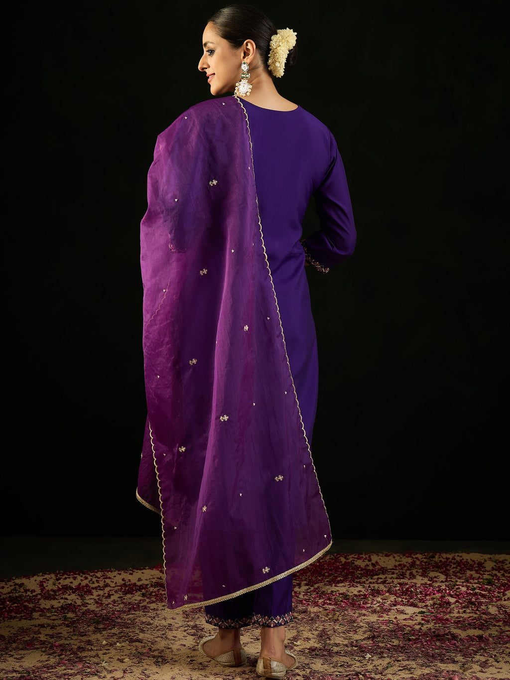 Indo Era Purple Embroidered Straight Kurta Trousers With Dupatta Set | Grocsy