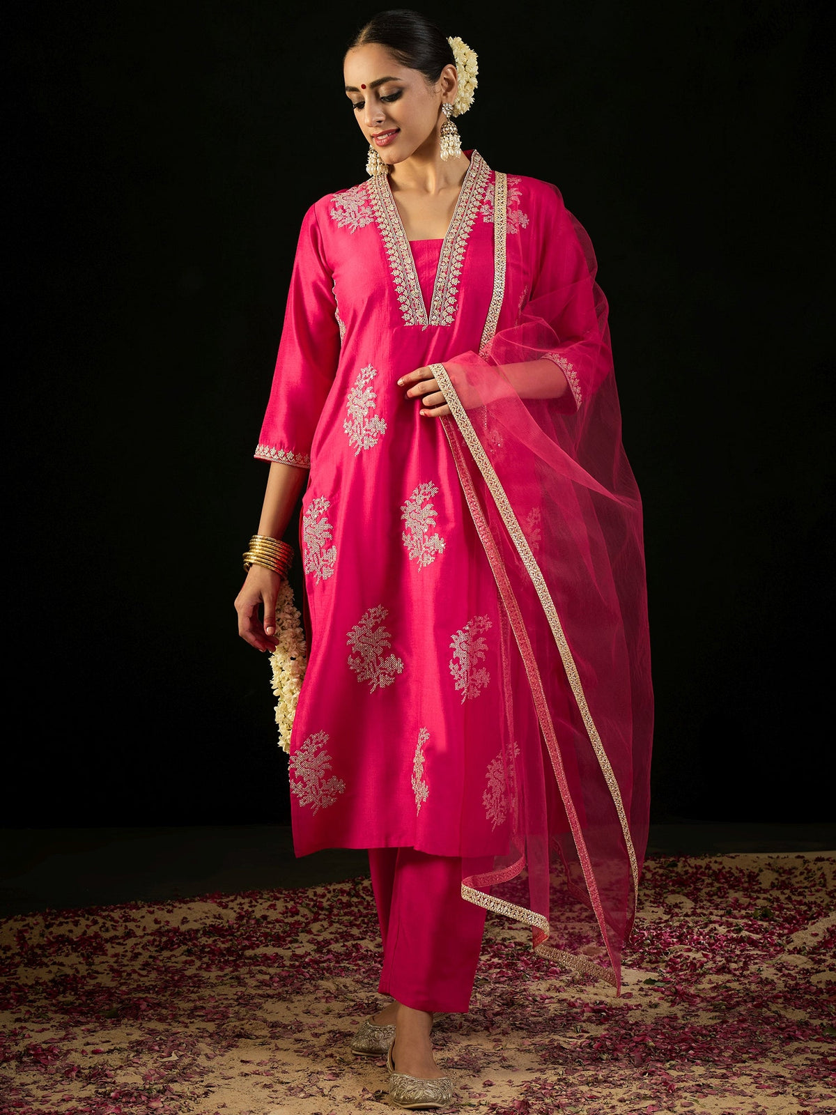 Indo Era Magenta Embroidered Straight Kurta Trousers With Dupatta set | Grocsy