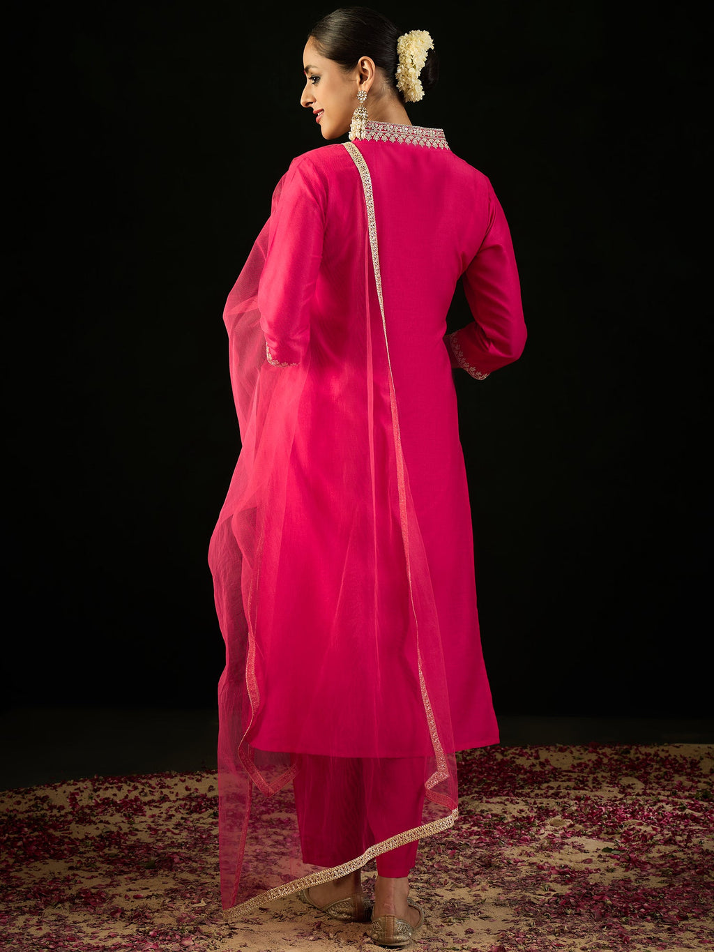 Indo Era Magenta Embroidered Straight Kurta Trousers With Dupatta set | Grocsy