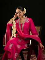 Indo Era Magenta Embroidered Straight Kurta Trousers With Dupatta set | Grocsy
