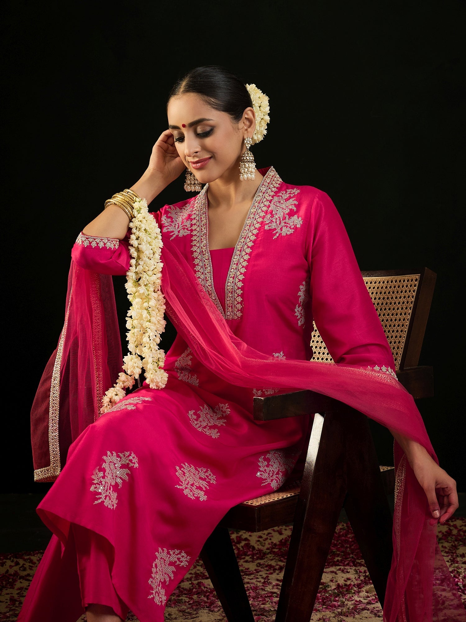 Indo Era Magenta Embroidered Straight Kurta Trousers With Dupatta set | Grocsy