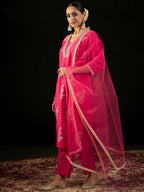 Indo Era Magenta Embroidered Straight Kurta Trousers With Dupatta set | Grocsy