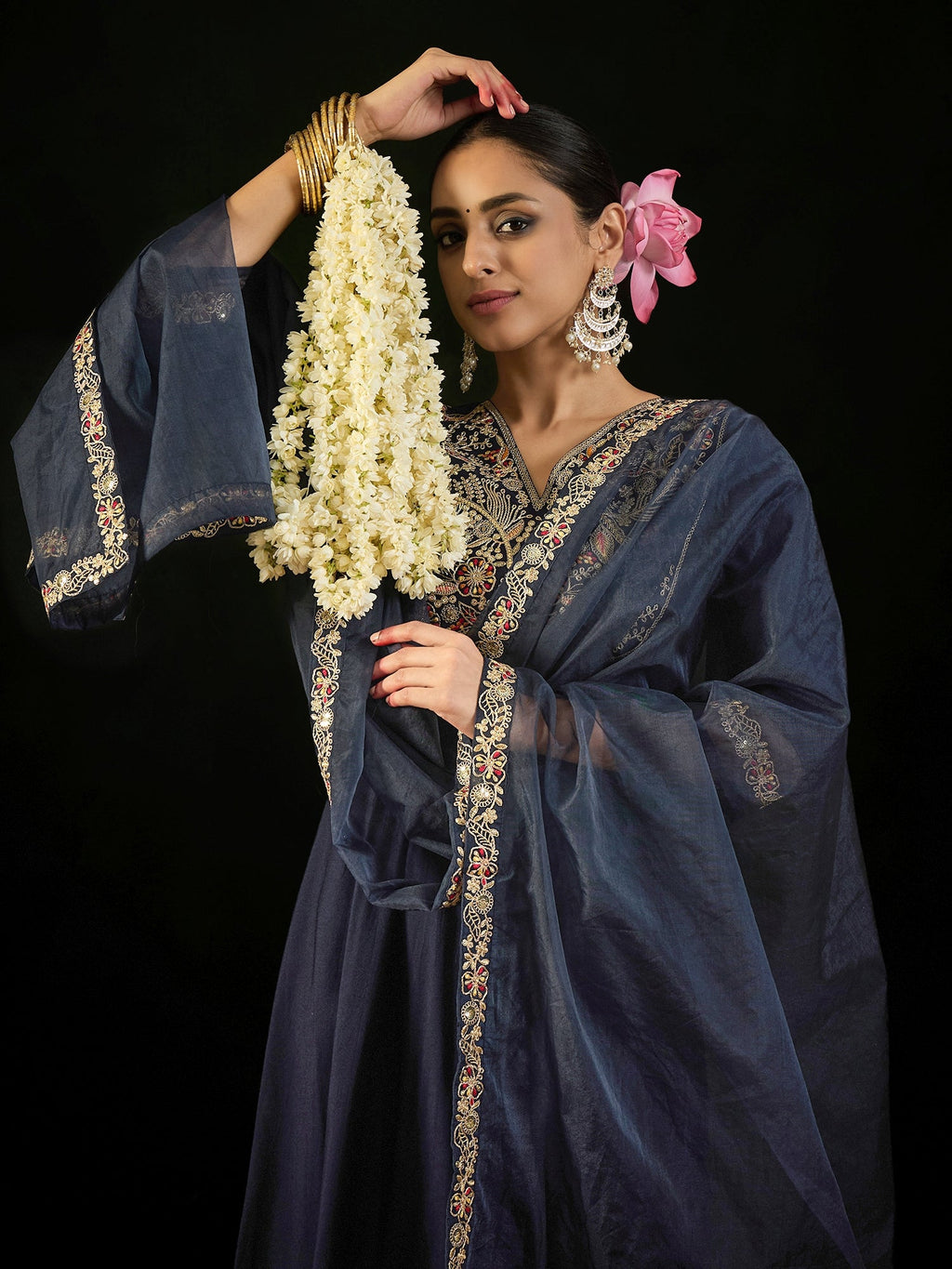 Indo Era Navy Blue Embroidered A-Line Kurta Trousers set | Grocsy