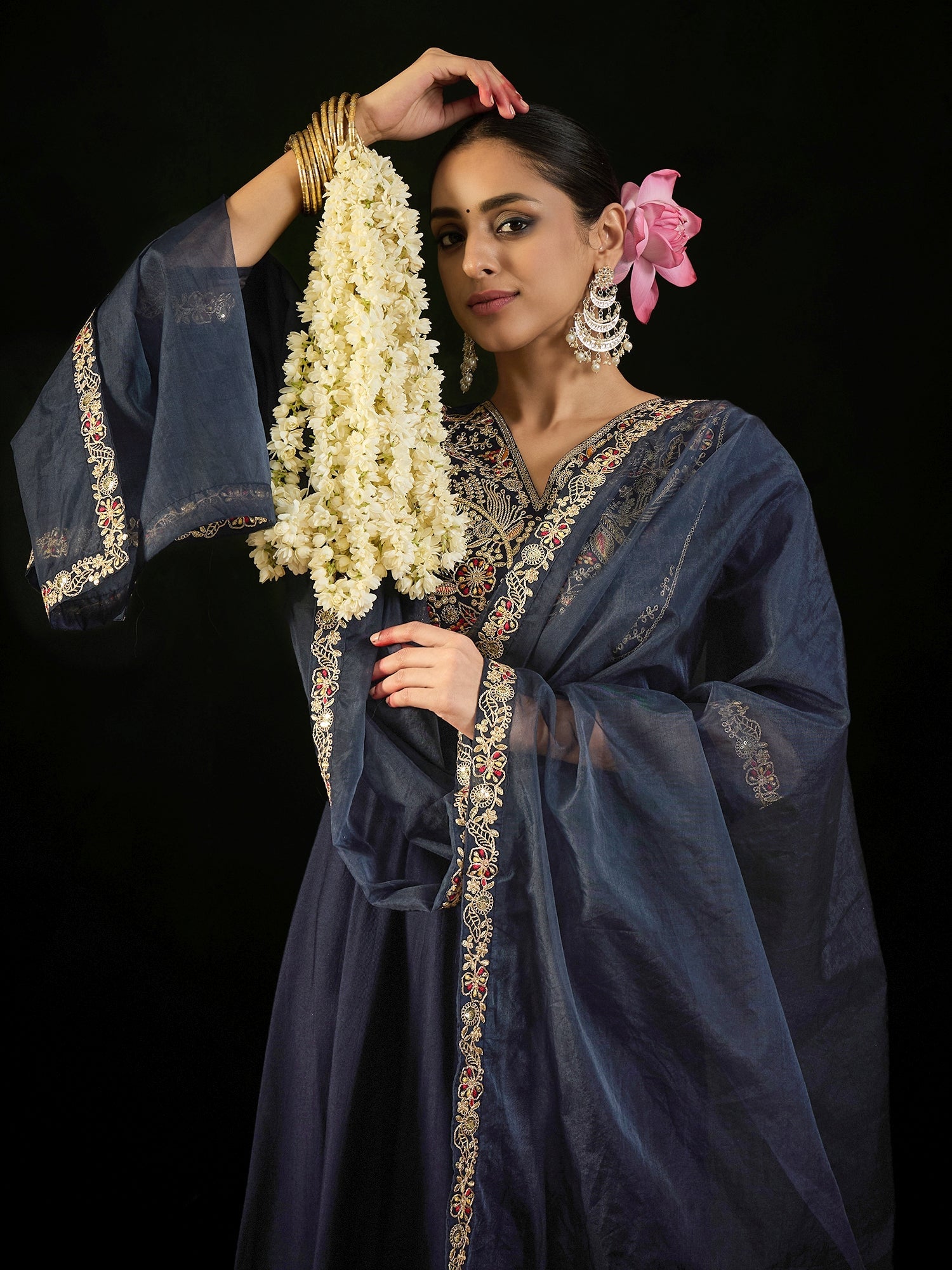 Indo Era Navy Blue Embroidered A-Line Kurta Trousers set | Grocsy