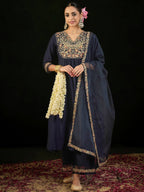 Indo Era Navy Blue Embroidered A-Line Kurta Trousers set | Grocsy