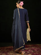 Indo Era Navy Blue Embroidered A-Line Kurta Trousers set | Grocsy