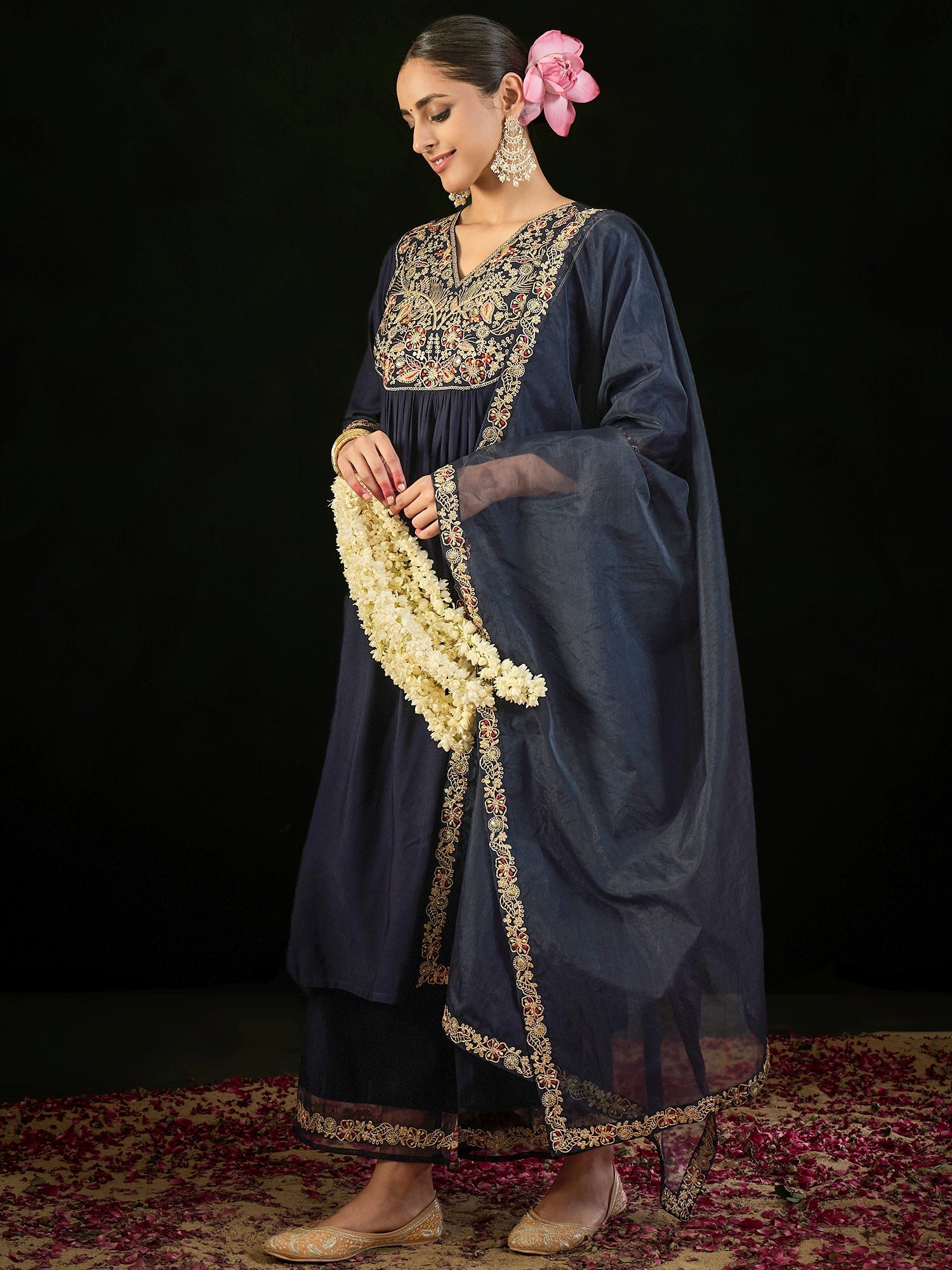 Indo Era Navy Blue Embroidered A-Line Kurta Trousers set | Grocsy