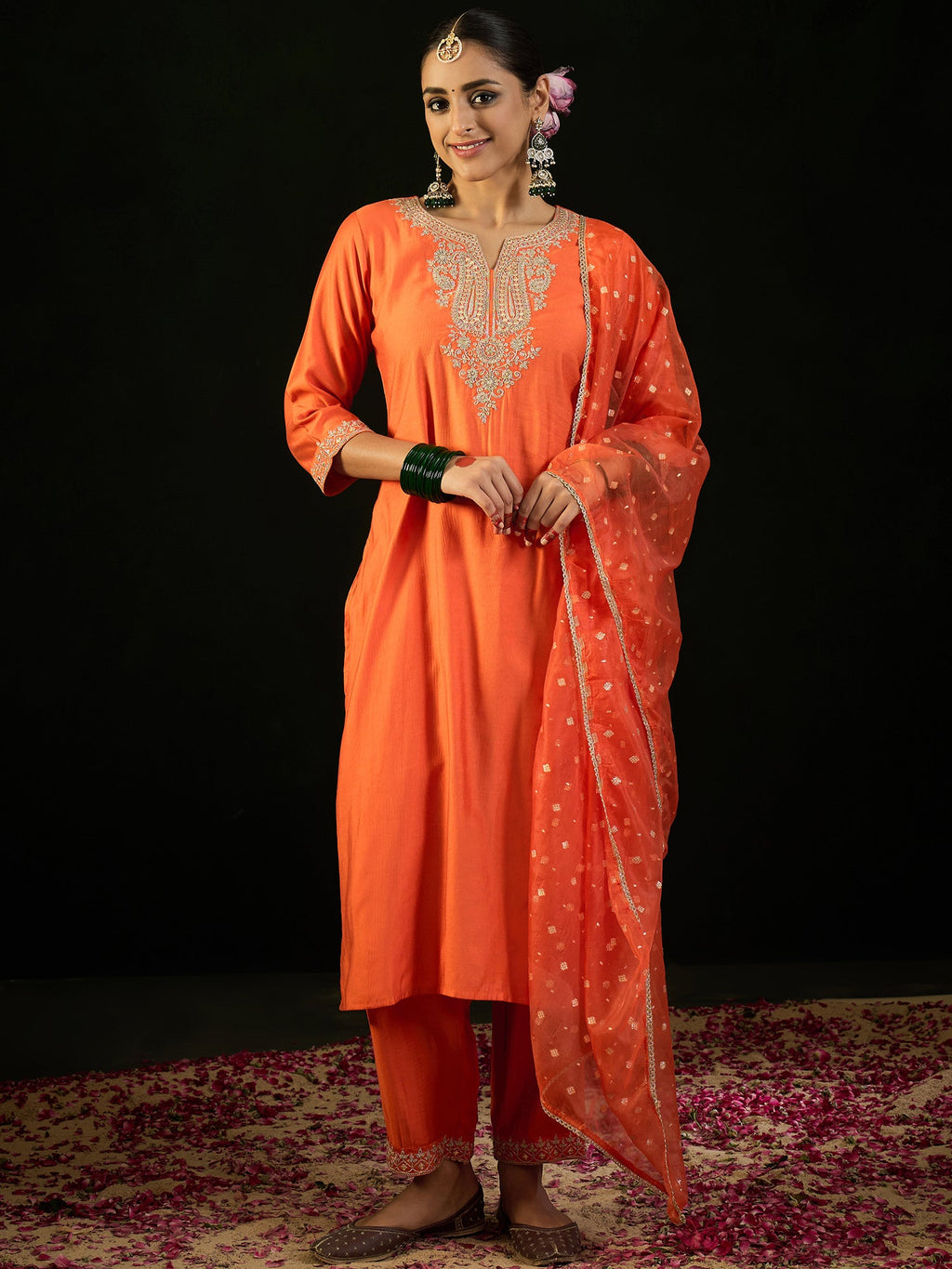 Indo Era Orange Embroidered Straight Kurta Trousers With Dupatta set | Grocsy