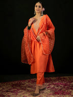 Indo Era Orange Embroidered Straight Kurta Trousers With Dupatta set | Grocsy