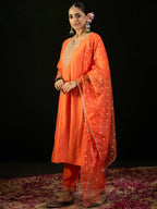 Indo Era Orange Embroidered Straight Kurta Trousers With Dupatta set | Grocsy