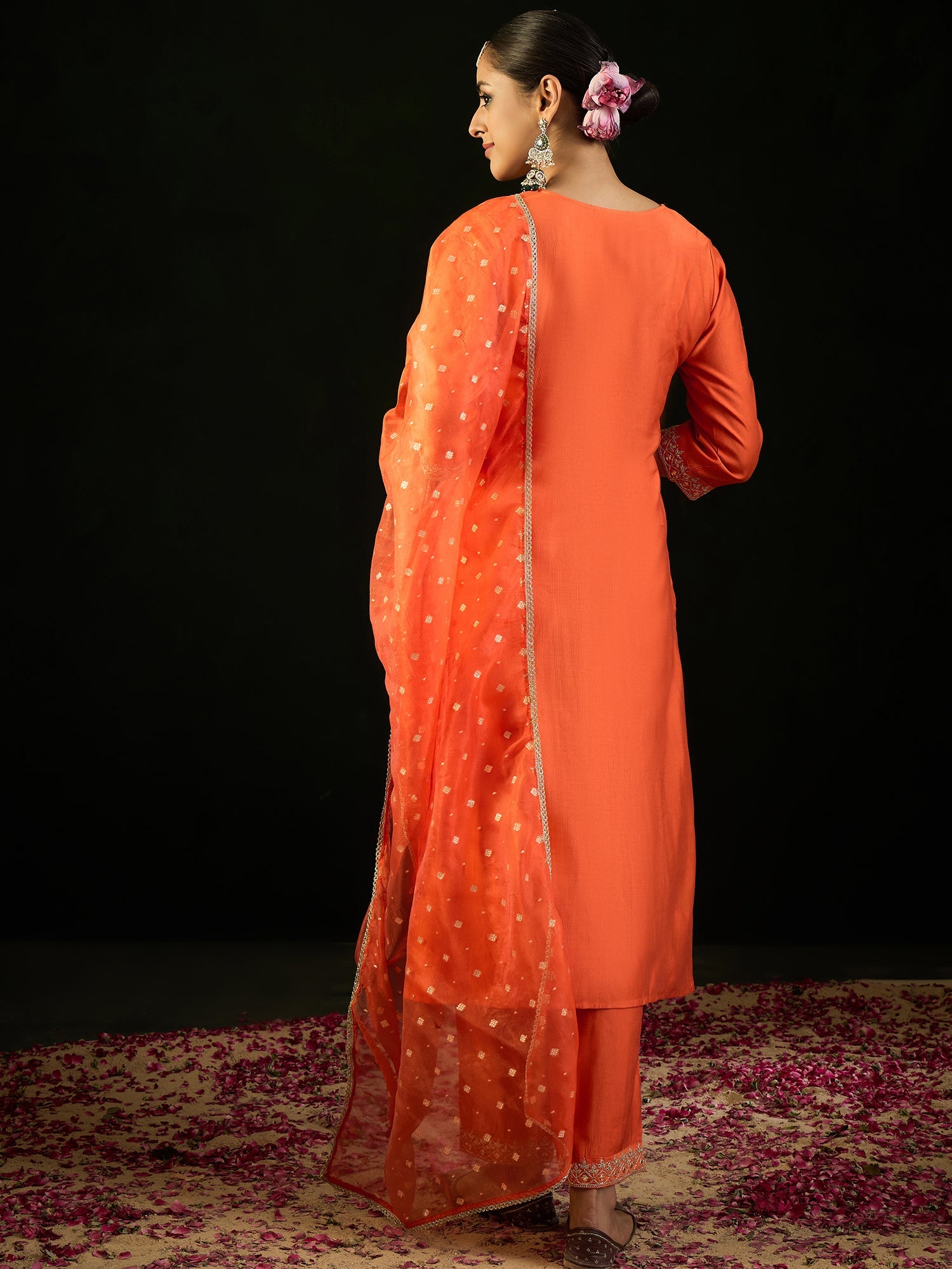 Indo Era Orange Embroidered Straight Kurta Trousers With Dupatta set | Grocsy