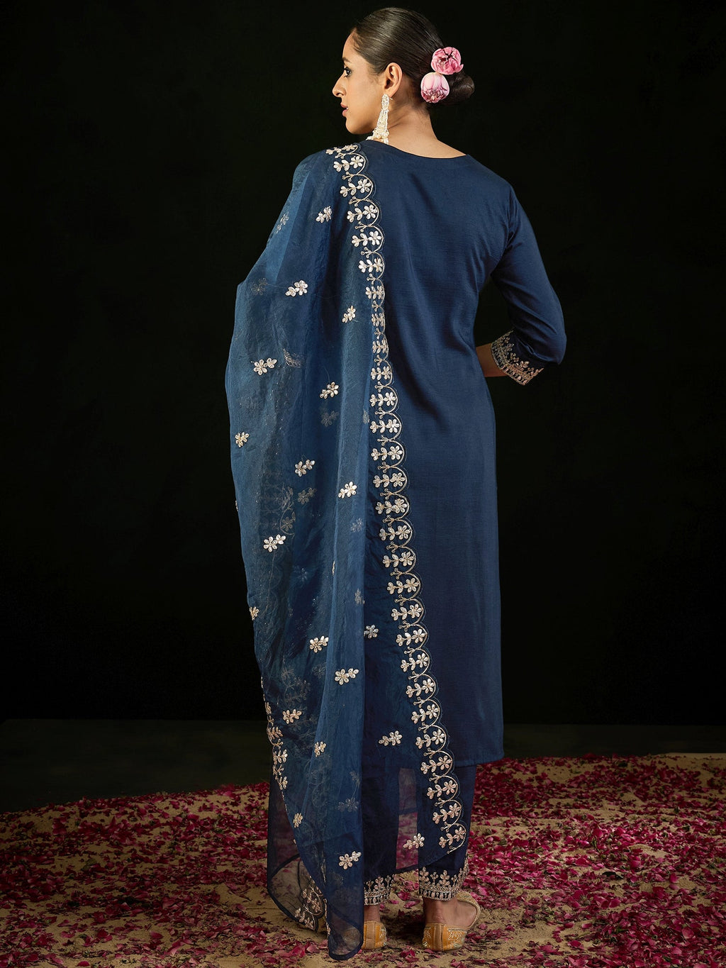 Indo Era Navy Blue Embroidered Straight Kurta Trousers With Dupatta set | Grocsy