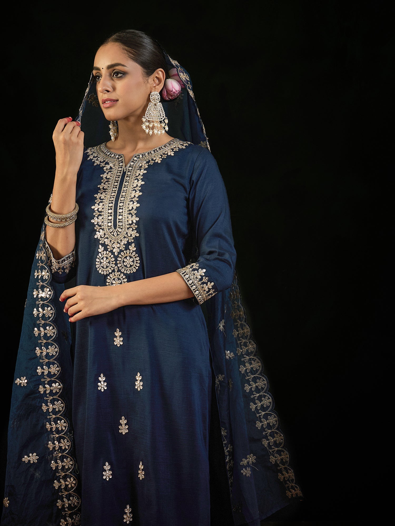 Indo Era Navy Blue Embroidered Straight Kurta Trousers With Dupatta set | Grocsy