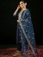 Indo Era Navy Blue Embroidered Straight Kurta Trousers With Dupatta set | Grocsy