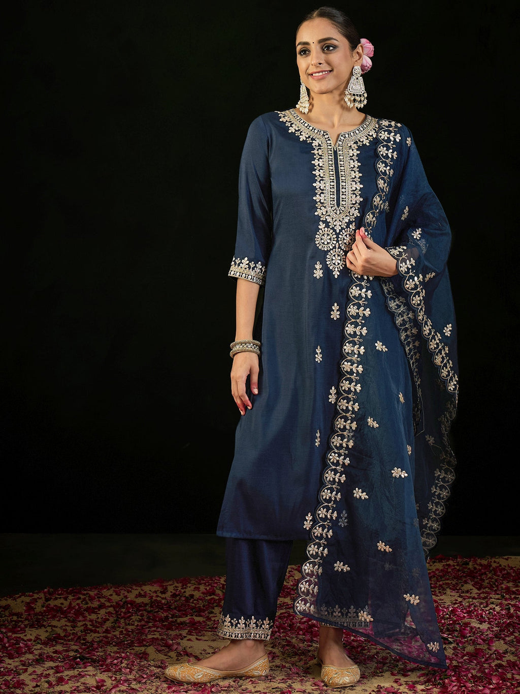 Indo Era Navy Blue Embroidered Straight Kurta Trousers With Dupatta set | Grocsy