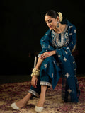 Indo Era Teal Embroidered Straight Kurta Trousers With Dupatta set | Grocsy