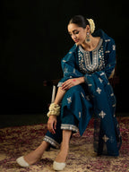 Indo Era Teal Embroidered Straight Kurta Trousers With Dupatta set | Grocsy