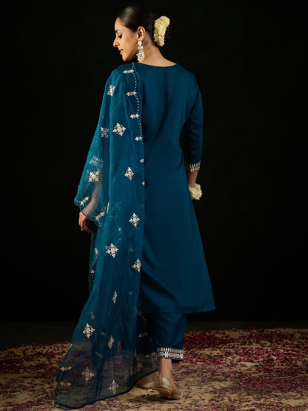 Indo Era Teal Embroidered Straight Kurta Trousers With Dupatta set | Grocsy