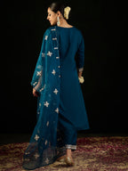 Indo Era Teal Embroidered Straight Kurta Trousers With Dupatta set | Grocsy