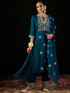 Indo Era Teal Embroidered Straight Kurta Trousers With Dupatta set | Grocsy