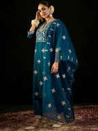Indo Era Teal Embroidered Straight Kurta Trousers With Dupatta set | Grocsy