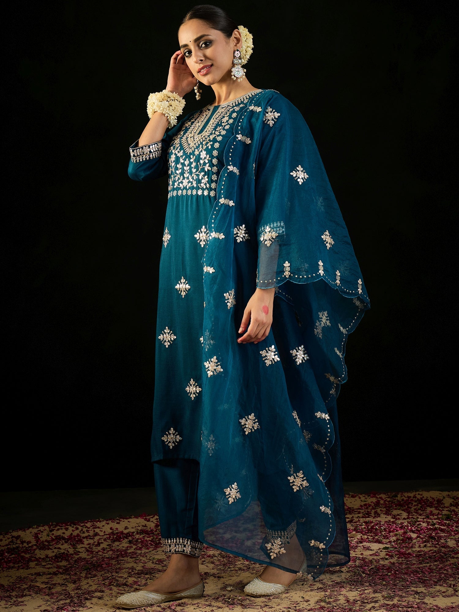Indo Era Teal Embroidered Straight Kurta Trousers With Dupatta set | Grocsy