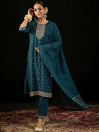 Indo Era Teal Embroidered Straight Kurta Trousers With Dupatta set | Grocsy