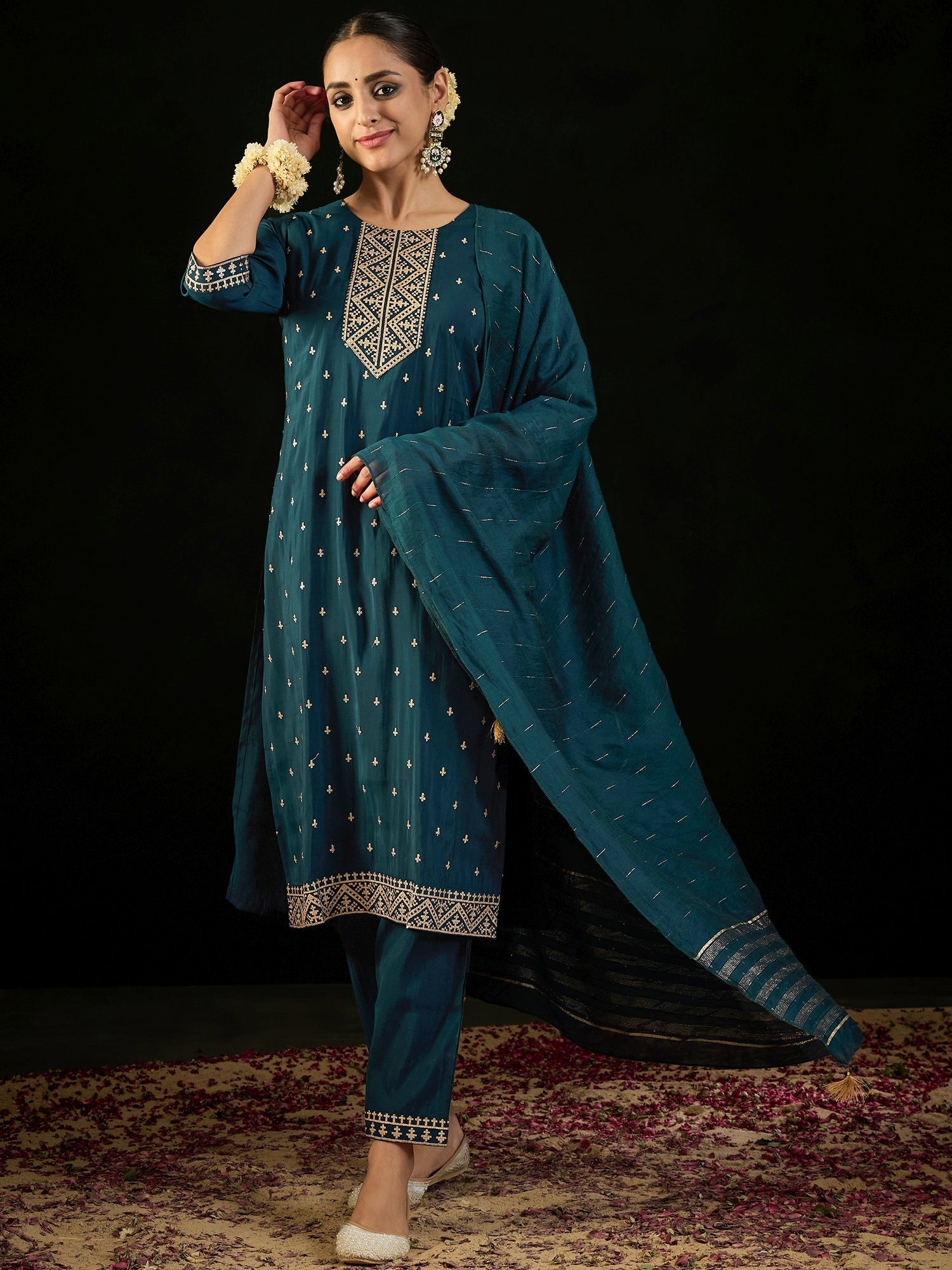 Indo Era Teal Embroidered Straight Kurta Trousers With Dupatta set | Grocsy
