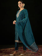 Indo Era Teal Embroidered Straight Kurta Trousers With Dupatta set | Grocsy