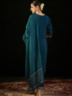 Indo Era Teal Embroidered Straight Kurta Trousers With Dupatta set | Grocsy