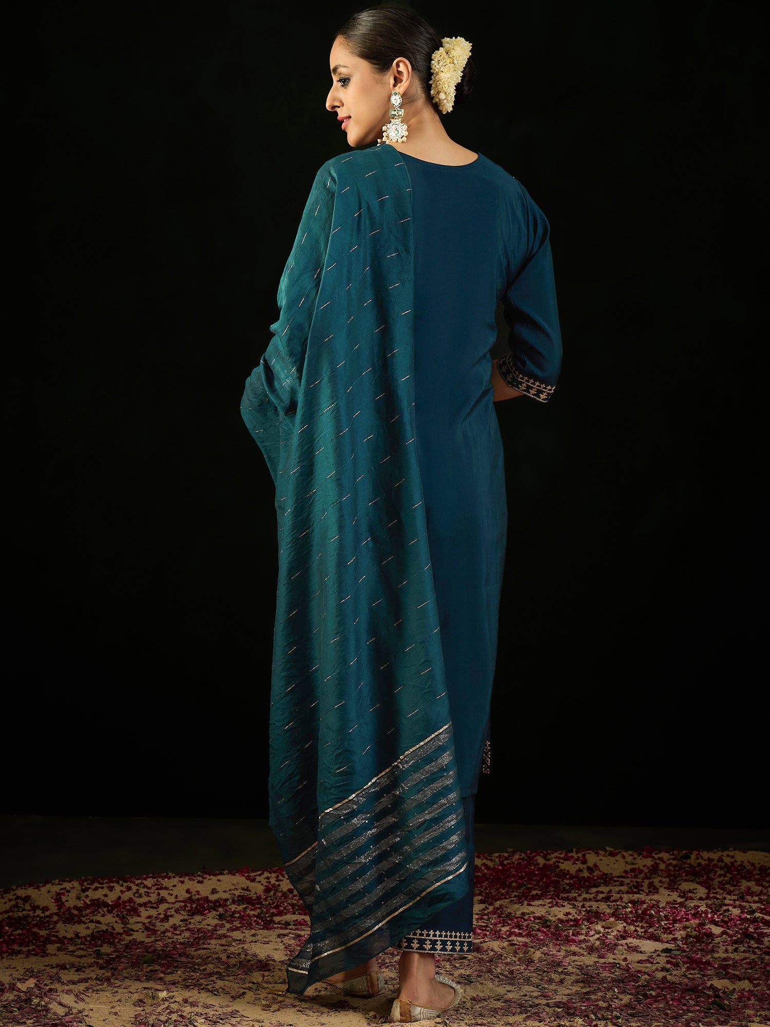 Indo Era Teal Embroidered Straight Kurta Trousers With Dupatta set | Grocsy