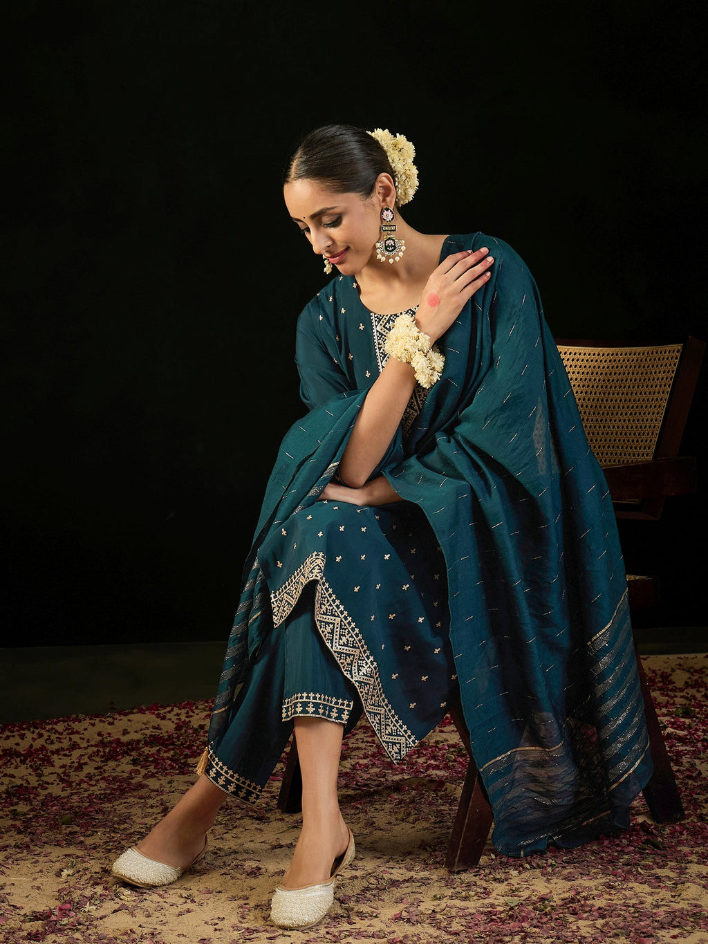 Indo Era Teal Embroidered Straight Kurta Trousers With Dupatta set | Grocsy