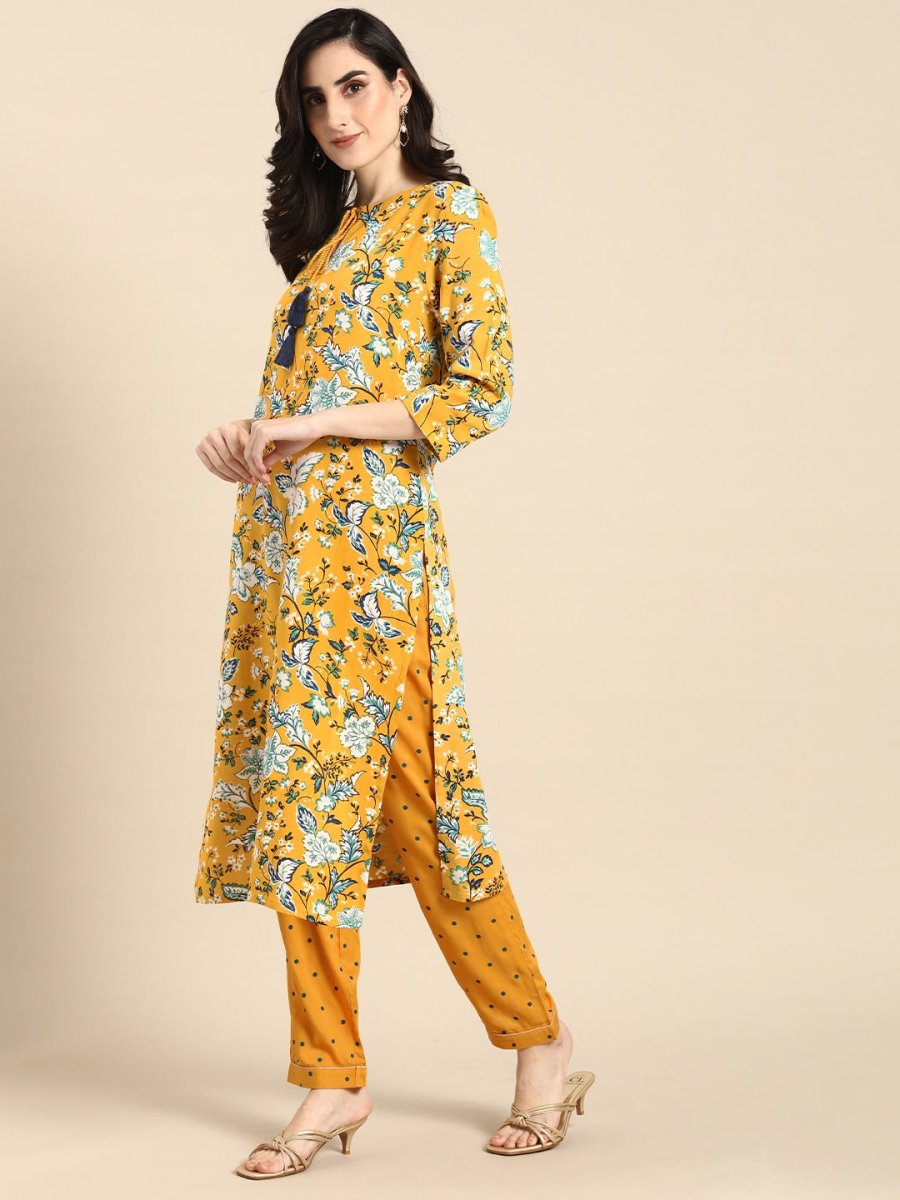 All About You Women Mustard Yellow & White Floral Printed Kurta with Trousers | Grocsy