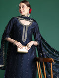 Indo Era Blue Embroidered Straight Kurta Trousers With Dupatta set | Grocsy
