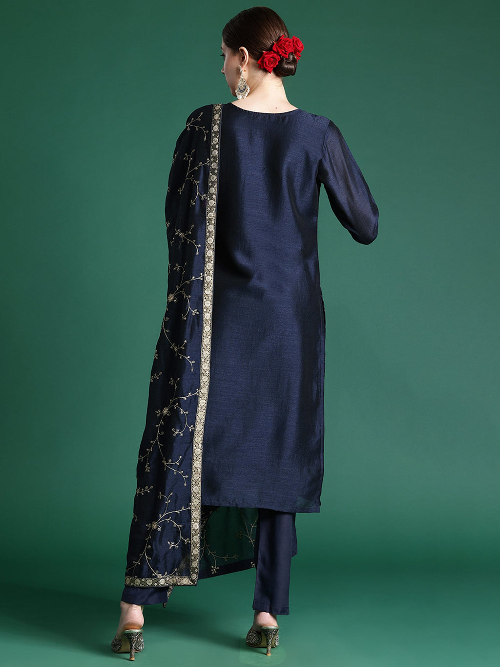 Indo Era Blue Embroidered Straight Kurta Trousers With Dupatta set | Grocsy