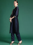 Indo Era Blue Embroidered Straight Kurta Trousers With Dupatta set | Grocsy