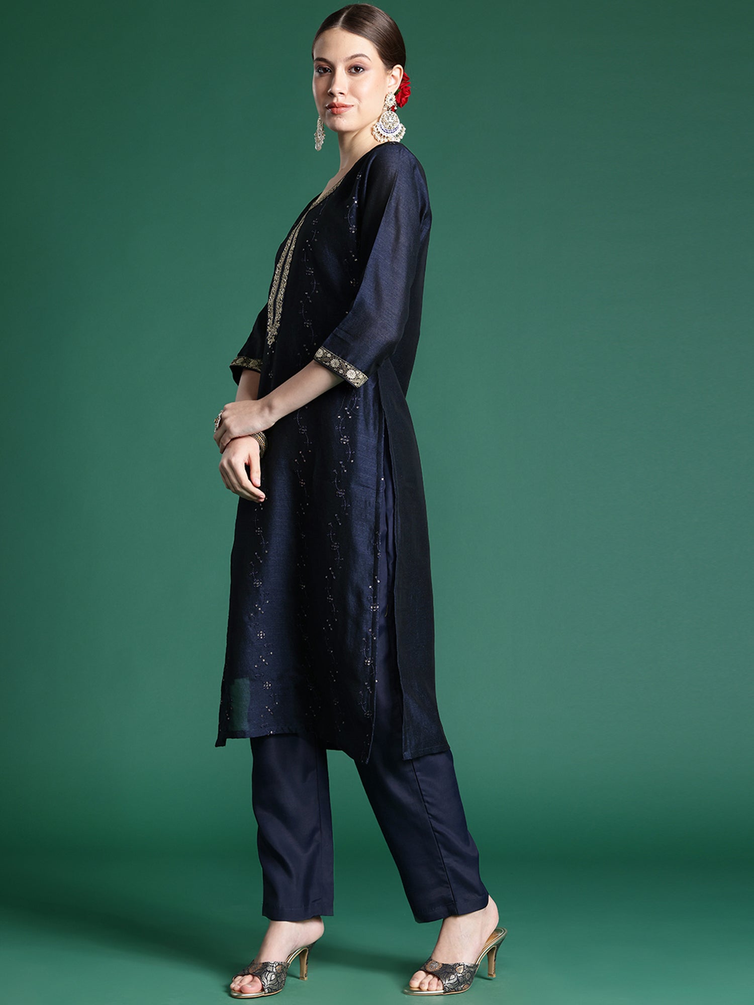Indo Era Blue Embroidered Straight Kurta Trousers With Dupatta set | Grocsy