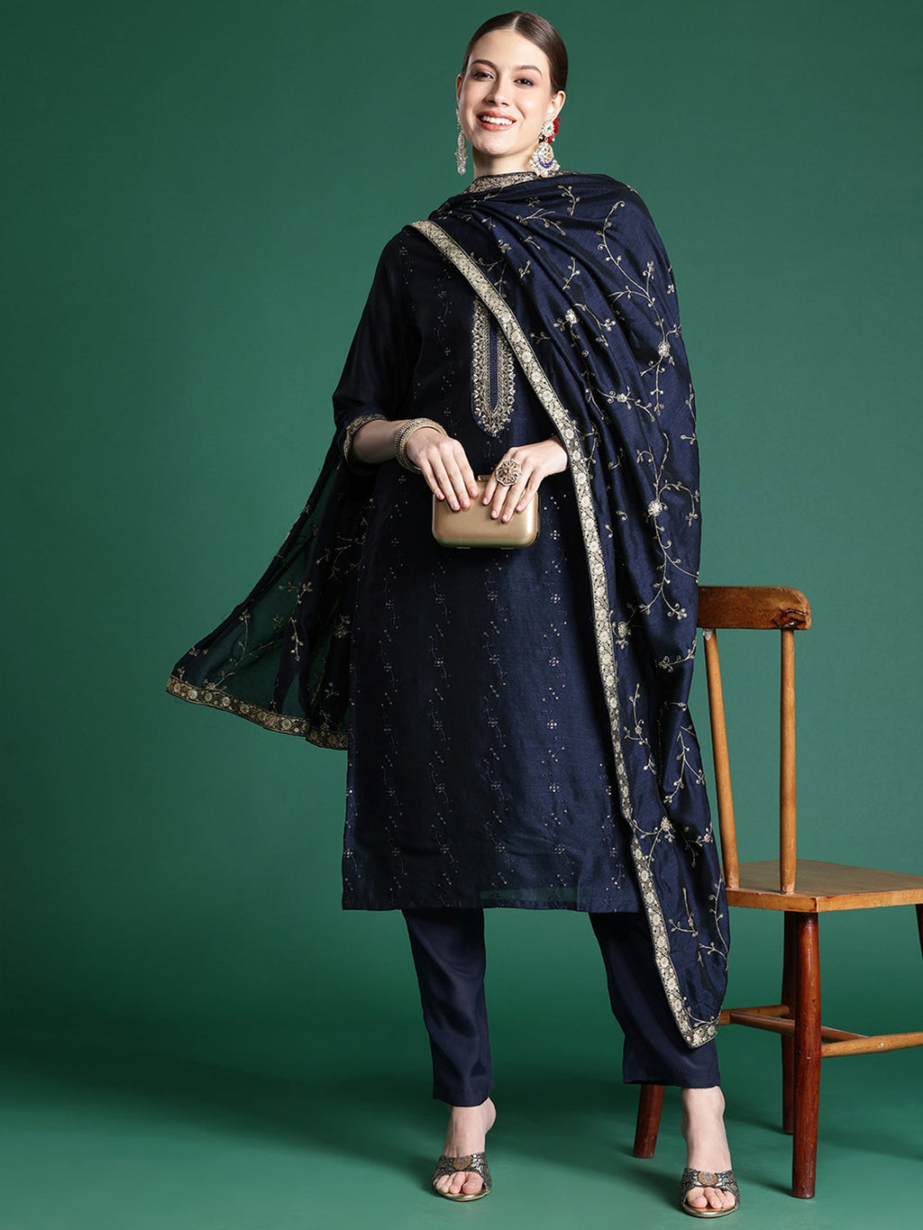Indo Era Blue Embroidered Straight Kurta Trousers With Dupatta set | Grocsy