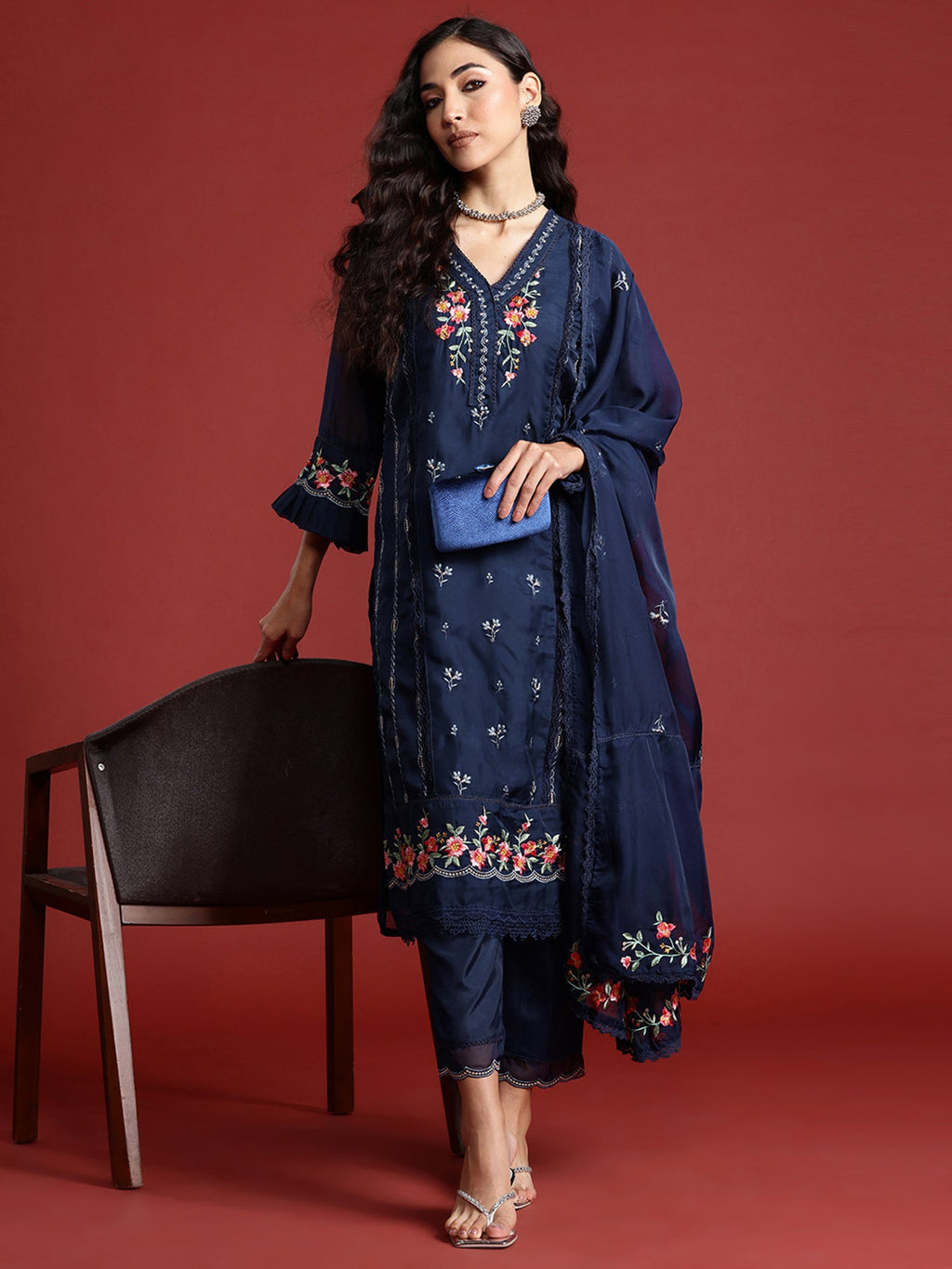 Indo Era Navy Blue Embroidered Straight Kurta Trousers With Dupatta set | Grocsy