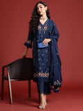 Indo Era Navy Blue Embroidered Straight Kurta Trousers With Dupatta set | Grocsy