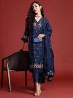 Indo Era Navy Blue Embroidered Straight Kurta Trousers With Dupatta set | Grocsy