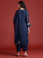 Indo Era Navy Blue Embroidered Straight Kurta Trousers With Dupatta set | Grocsy