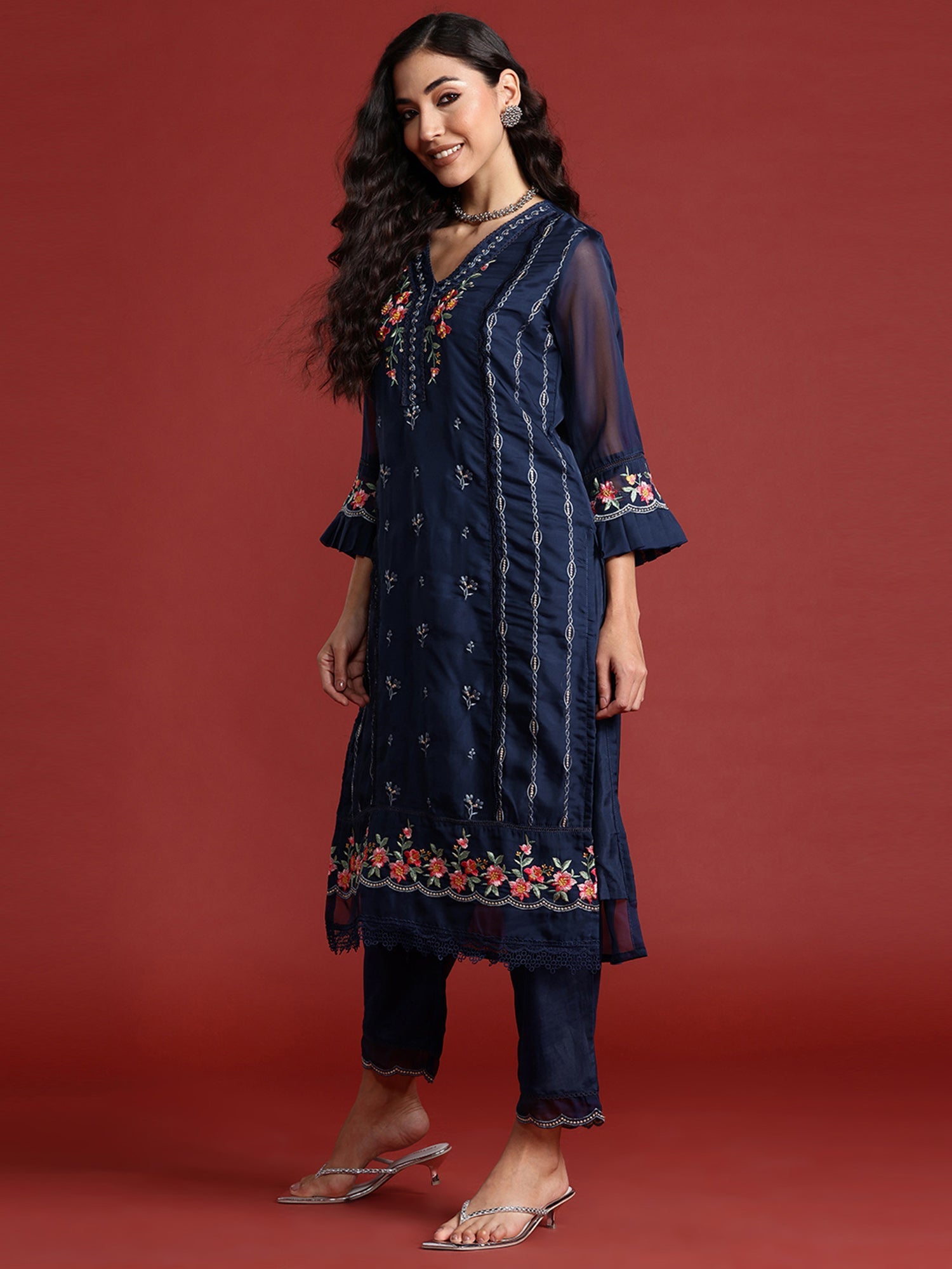 Indo Era Navy Blue Embroidered Straight Kurta Trousers With Dupatta set | Grocsy