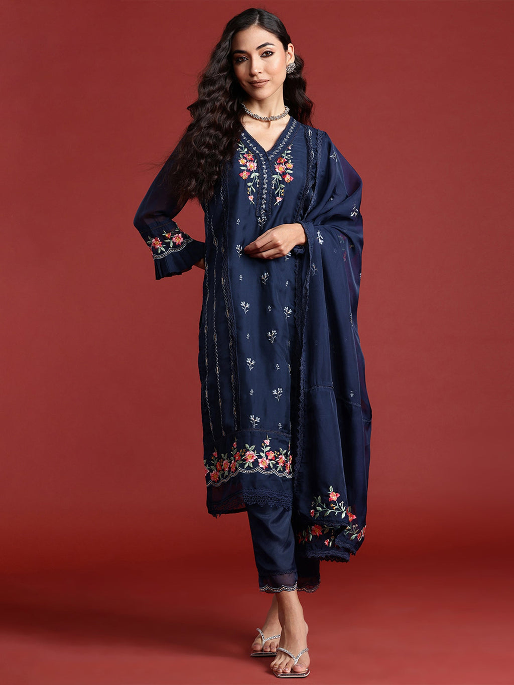 Indo Era Navy Blue Embroidered Straight Kurta Trousers With Dupatta set | Grocsy