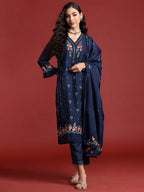 Indo Era Navy Blue Embroidered Straight Kurta Trousers With Dupatta set | Grocsy