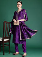 Indo Era Purple Embroidered Straight Kurta Trousers With Dupatta set | Grocsy
