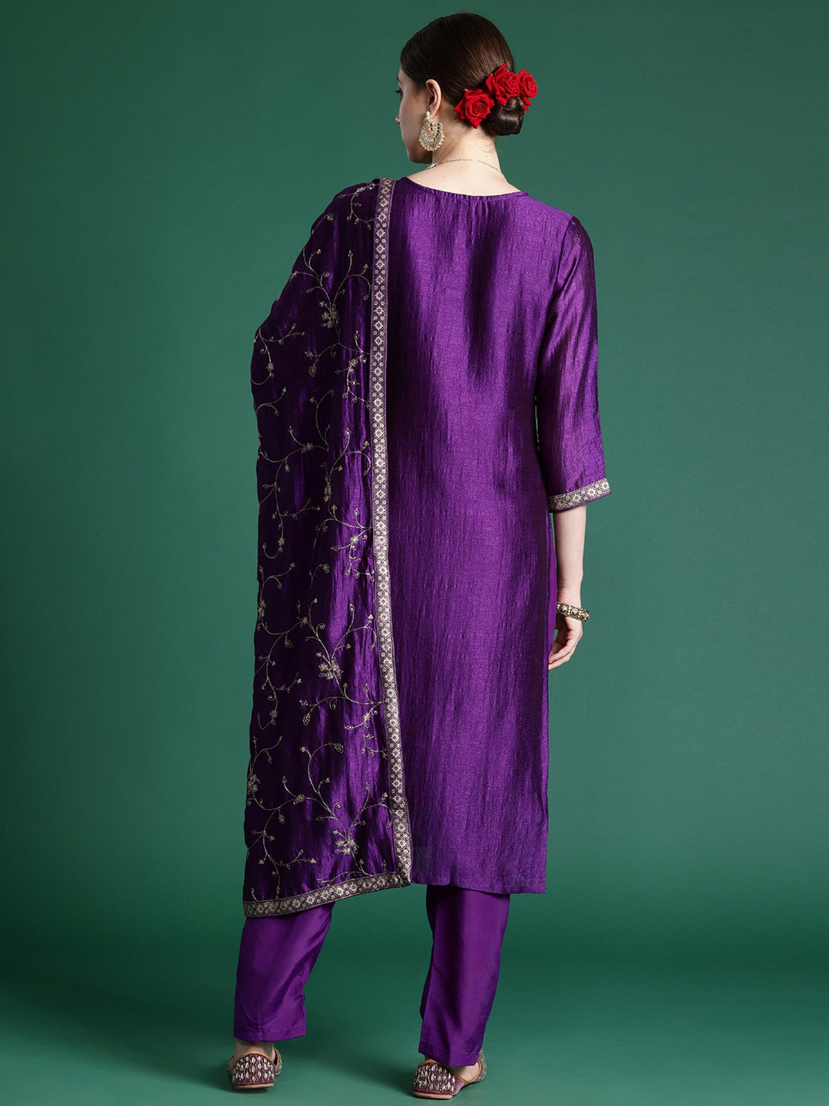 Indo Era Purple Embroidered Straight Kurta Trousers With Dupatta set | Grocsy