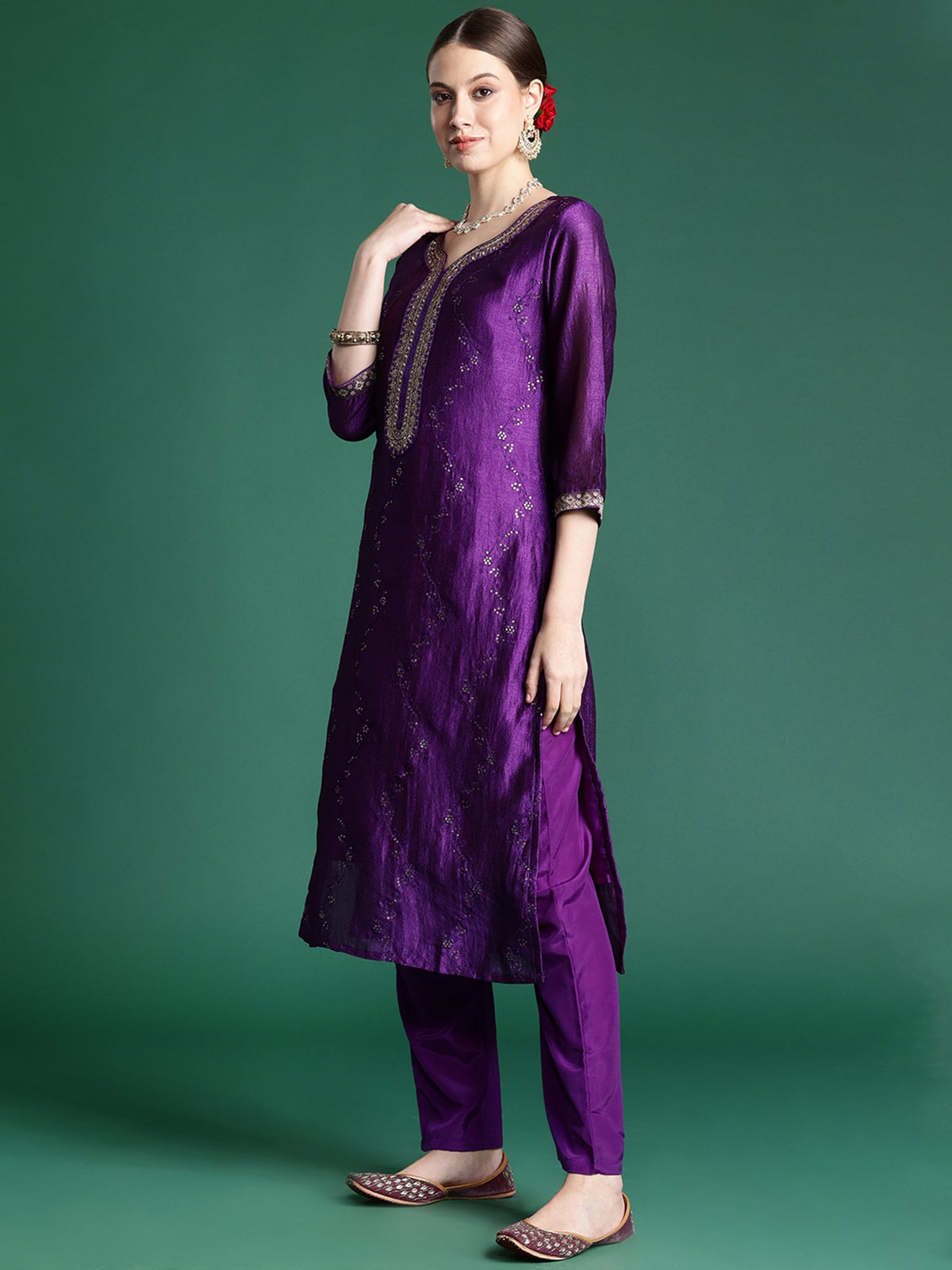 Indo Era Purple Embroidered Straight Kurta Trousers With Dupatta set | Grocsy