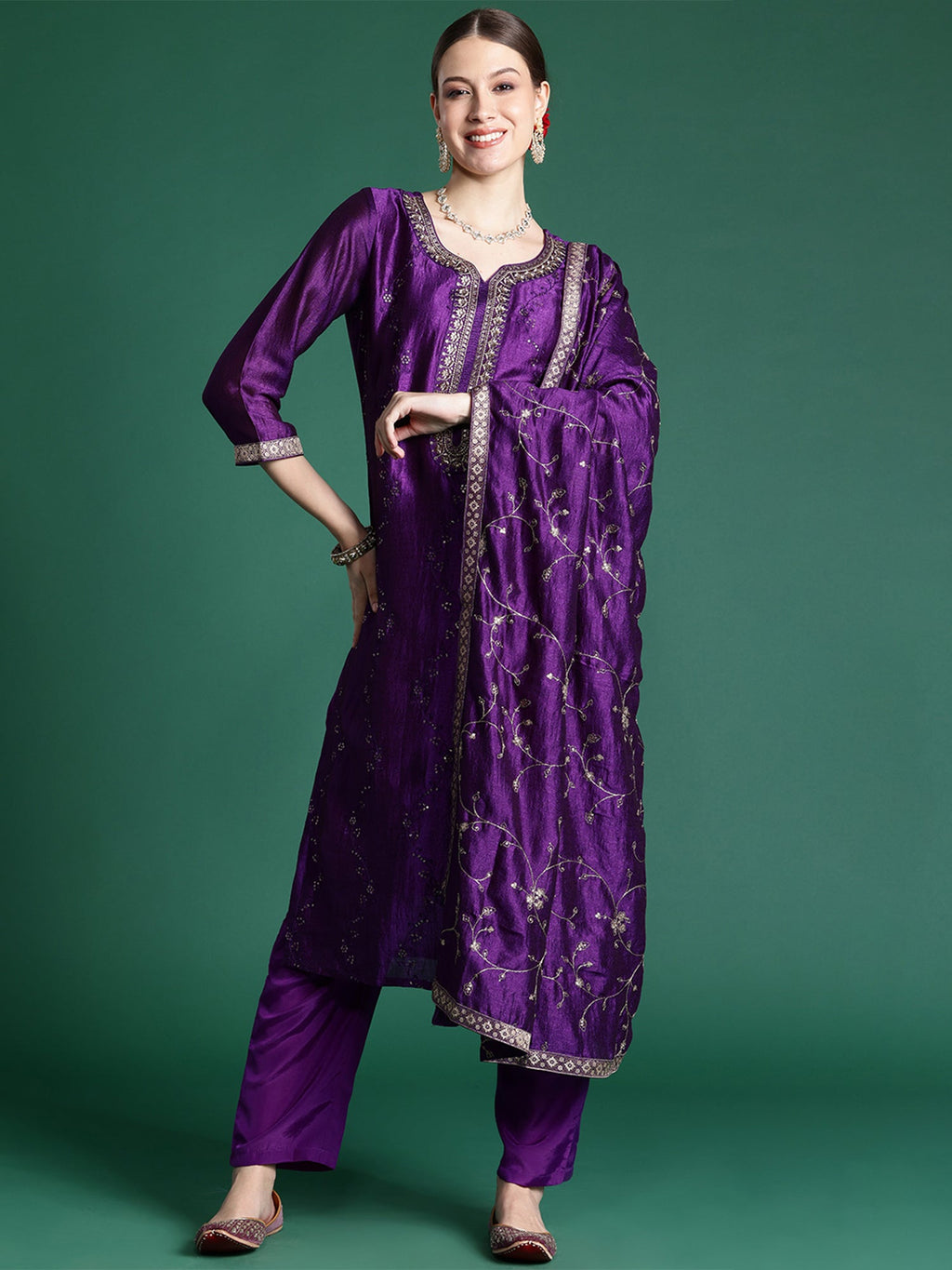 Indo Era Purple Embroidered Straight Kurta Trousers With Dupatta set | Grocsy